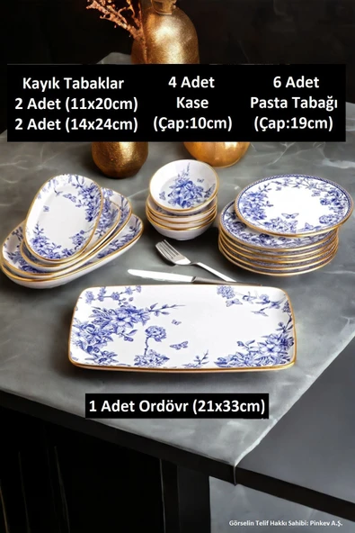 Pinkev Butterfly 15 Parça 6 Kişilik Seramik Kahvaltı Pasta Sunum Tabağı Takımı Seti - Resim 2