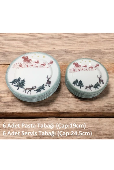 Pinkev 12 Parça 6 Kişilik Yılbaşı Desenli Porselen Pasta Ve Servis Sunum Tabağı Seti - Resim 2