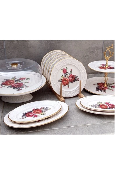 Pinkev 14 Parça Seramik Pasta Sunum Tabağı Seti - Resim 3