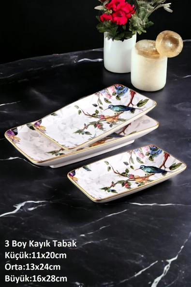 Pinkev 3'lü Seramik Kayık Servis Sunum Tabağı Seti ürün görseli