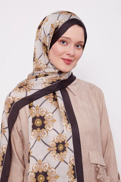 Siyah-Bej Barok Desen Hint İpeği Şal - Resim 3