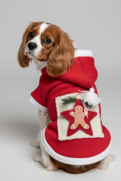 Yıldız Desenli Yılbaşı Köpek Kıyafeti Premium Kırmızı Polar | Kapüşonlu Noel Köpek Kostümü | Küçük Irklar İçin - Resim 8