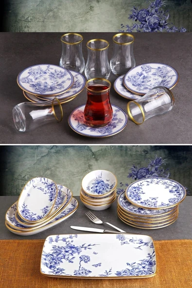 Pinkev 27 Parça 6 Kişilik Mavi Gold Çay Bardaklı Seramik Kahvaltı Pasta Tabağı Sunum Takımı Seti ürün görseli