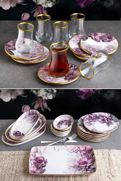 Pinkev 27 Parça Çay Bardaklı Seramik Kahvaltılık Kahvaltı Tabağı Takımı Seti - Resim 4