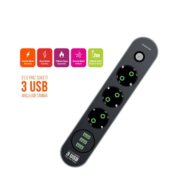 Polosmart MP19 Uzatma Kablosu 3 Prizli 3 USB'li 2 Metre Kısa Devre Korumalı Siyah - Resim 2