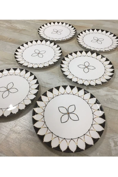 Pinkev Black Drops 6 Kişilik 26cm Seramik Servis Sunum Tabağı Seti - Resim 4