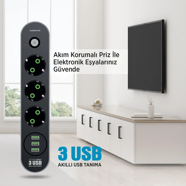 Polosmart MP19 Uzatma Kablosu 3 Prizli 3 USB'li 2 Metre Kısa Devre Korumalı Siyah - Resim 3