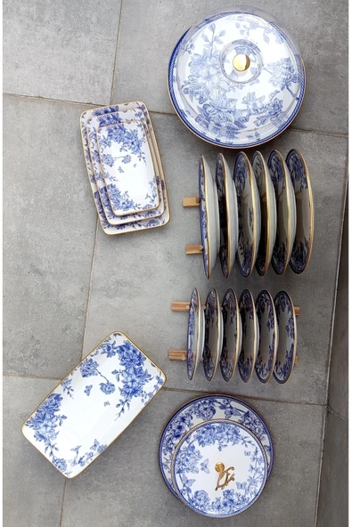 Pinkev 19 Parça 6 Kişilik Seramik Pasta Servis Sunum Tabağı Seti - Resim 3