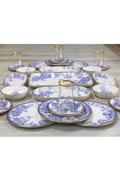 Pinkev 27 Parça 6 Kişilik Mavi Gold Çay Bardaklı Seramik Kahvaltı Pasta Tabağı Sunum Takımı Seti - Resim 4