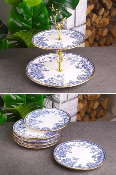 Pinkev Butterfly 7 Parça Seramik Pasta Tabağı Katlı Kurabiyelik Sunum Seti - Kup121s ürün görseli