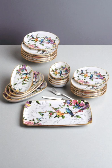 Pinkev 21 Parça 12 Kişilik Seramik Pasta Kahvaltı Tabağı Takımı - Kuş Desenli ürün görseli