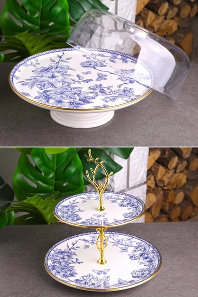 Pinkev Butterfly 2li Fanuslu Seramik Katlı Kurabiyelik Pasta Sunum Tabağı Seti - Kup123s ürün görseli