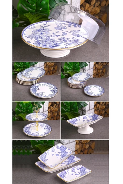 Pinkev 19 Parça 6 Kişilik Fanuslu Seramik Pasta Servis Sunum Tabağı Seti - Mavi ürün görseli