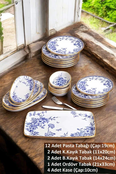 Pinkev 21 Parça 12 Kişilik Seramik Pasta Kahvaltı Sunum Tabağı Takımı - Mavi - Resim 2