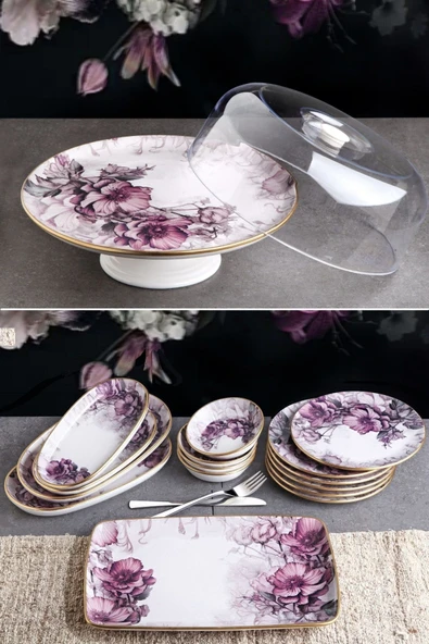 Pinkev Petunia 16 Parça Fanuslu Seramik Pasta Sunum Tabağı Takımı Seti - Kup116p ürün görseli