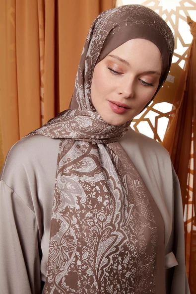 Sütlü Kahve Yaprak Desen Hint İpeği Şal - Resim 2