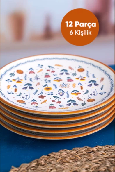 Pinkev 6 Kişilik 12 Parça Turuncu Çiçek Desenli Seramik Kahvaltı Seti Takımı - Resim 3