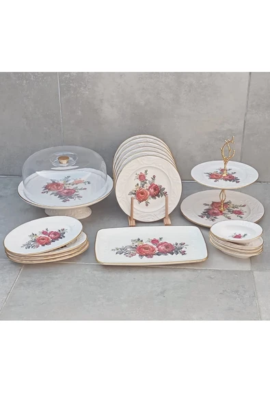 Pinkev 19 Parça 6 Kişilik Seramik Pasta Sunum Tabağı Seti - Resim 2