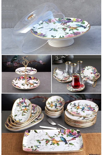 Pinkev Flora 30 Parça 6 Kişilik Seramik Pasta Kahvaltı Çay Sunum Tabağı Takımı Seti ürün görseli