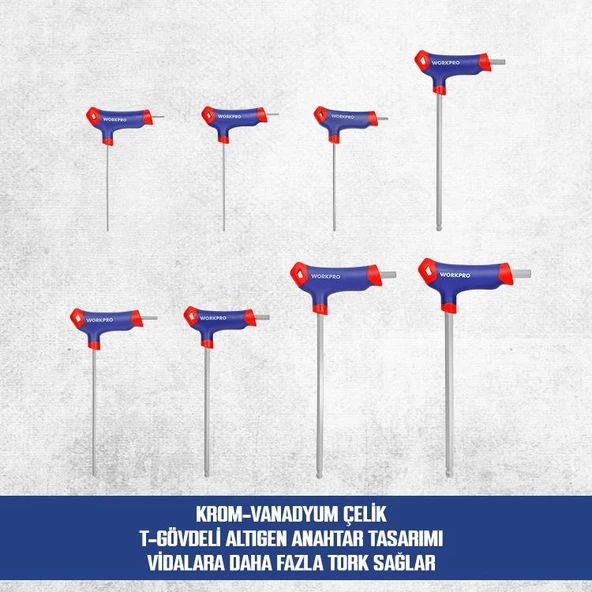 WORKPRO WP200542 8 Parça CR-V Top Başlı T Tipi Uzun Profesyonel Allen Anahtar Takımı - Resim 7