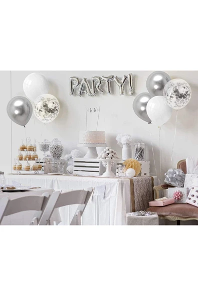 Kampus Kırtasiyem 30 Adet "METALİK GRİ - BEYAZ" Balon Kombini İç Mekan Doğum Günü Partisi "KENDİ KONSEPTİNİZİ SEÇİN" - Resim 3