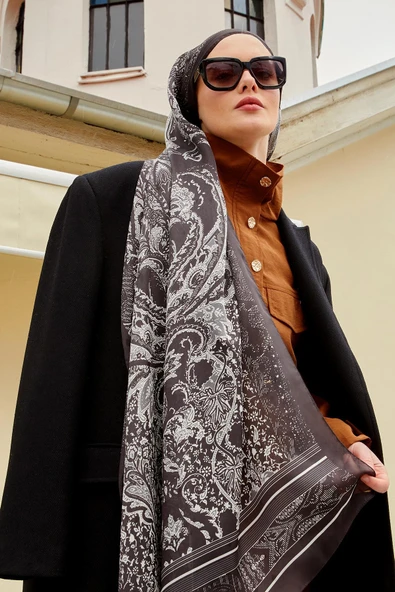 Acı Kahve Yaprak Desen Hint İpeği Şal - Resim 3