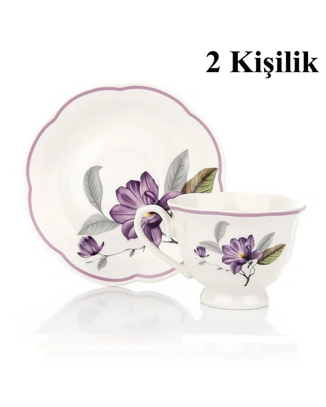 Türk Kahvesi Takımı 2 Kişilik Porselen – Mor Çiçek Desenli | 90 ml - Resim 4