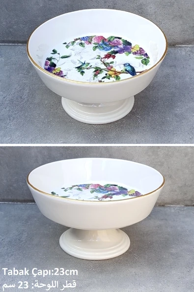 Pinkev Kuş Desenli Ayaklı Seramik Sunum Tabağı - Resim 2