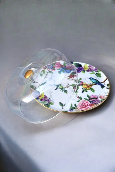 Pinkev Flora Ayaklı Seramik Kek Fanusu Pasta Sunum Tabağı Standı - Resim 3