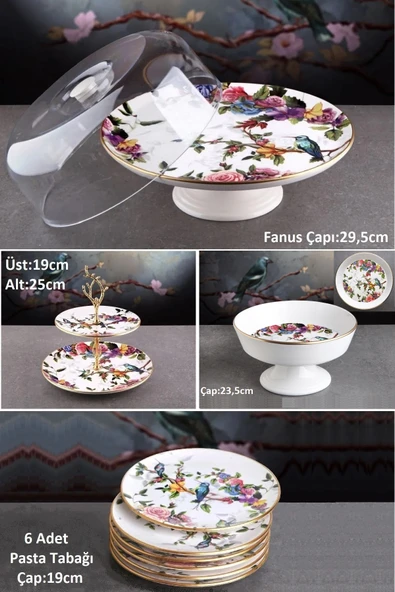 Pinkev Flora 10 Parça Seramik Meyvelikli Pasta Sunum Tabağı Kombin Set - Kup101f ürün görseli