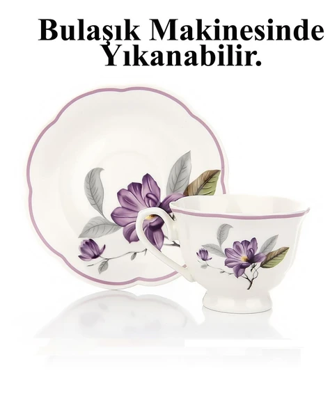 Türk Kahvesi Takımı 2 Kişilik Porselen – Mor Çiçek Desenli | 90 ml - Resim 6