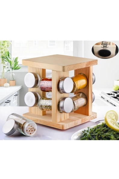 Pinkev 8li Dönen Ahşap Standlı Cam Baharatlık Baharat Takımı Seti ürün görseli