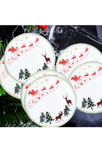 Pinkev 6 Kişilik Porselen 19cm Yılbaşı Desenli Pasta Tatlı Tabağı Tabak Seti - Resim 2