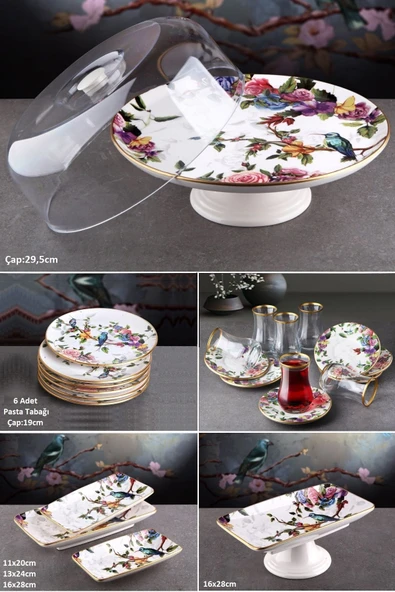 Pinkev Flora 24 Parça Seramik Fanuslu Pasta Çay Bardaklı Kahvaltı Sunum Tabağı Takımı Seti ürün görseli