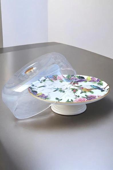 Pinkev Flora Ayaklı Seramik Kek Fanusu Pasta Sunum Tabağı Standı - Resim 2