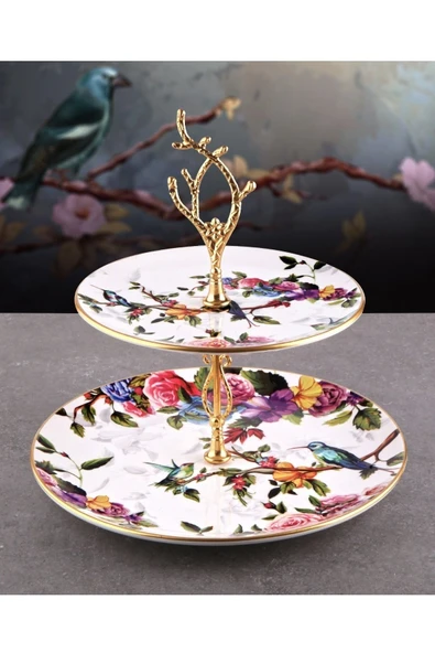Pinkev Flora Seramik Çift Katlı Kurabiyelik Pasta Sunum Tabağı Standı ürün görseli