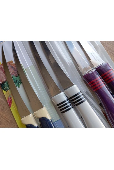 Pinkev Tramontina 6 Adet 3 Renk Paslanmaz Çelik Uzun Kıvrık Tırtıklı Bıçak Seti - Resim 3