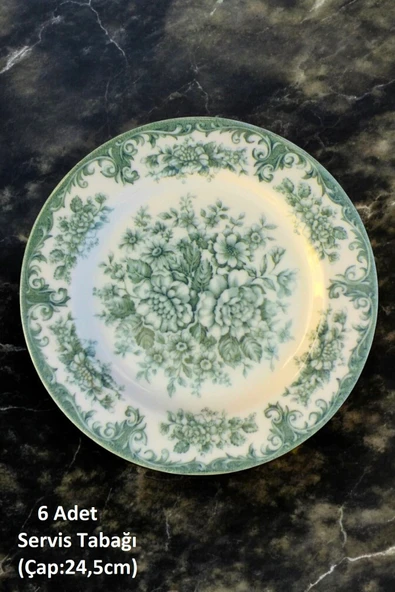 Pinkev 6 Kişilik Vintage Yeşil Porselen Servis Tabağı - Çap:24,5cm ürün görseli