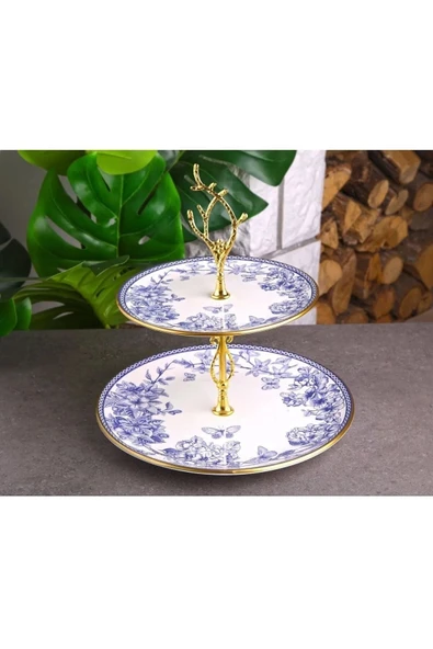 Pinkev Butterfly 8 Parça Seramik Fanuslu Pasta Katlı Kurabiyelik Sunum Tabağı Takımı Seti - Resim 3