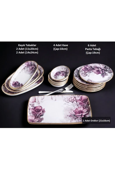 Pinkev 27 Parça 6 Kişilik Çay Bardaklı Seramik Kahvaltı Pasta Sunum Tabağı Takımı Seti - Purple - Resim 5