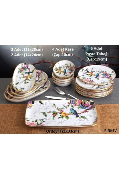 Pinkev Flora 15 Parça 6 Kişilik Seramik Kahvaltılık Kahvaltı Pasta Sunum Tabağı Takımı Seti - Resim 2