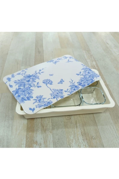 Pinkev Melamin Tepsili 6'lı Cam Kahvaltılık Kase Seti - Mavi Çiçekli - Resim 2