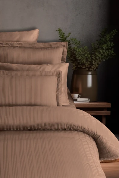 Pierre Cardin Çizgili Saten Nevresim Takımı Çift Kişilik Voyage Bronze - Resim 2