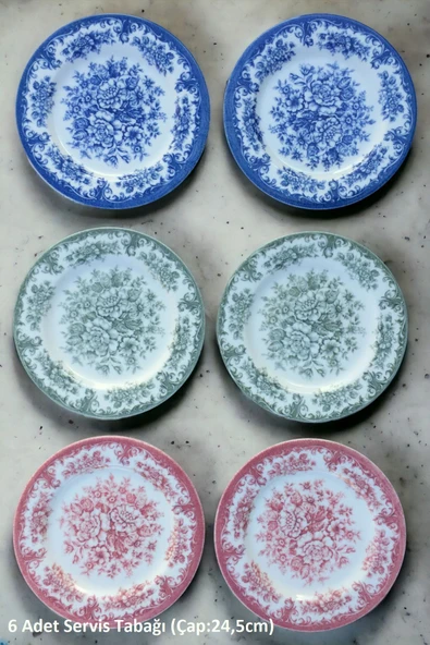 Pinkev 6 Kişilik Porselen 3 Renk Rosabella 24,5cm Servis Sunum Tabağı Takımı Seti ürün görseli