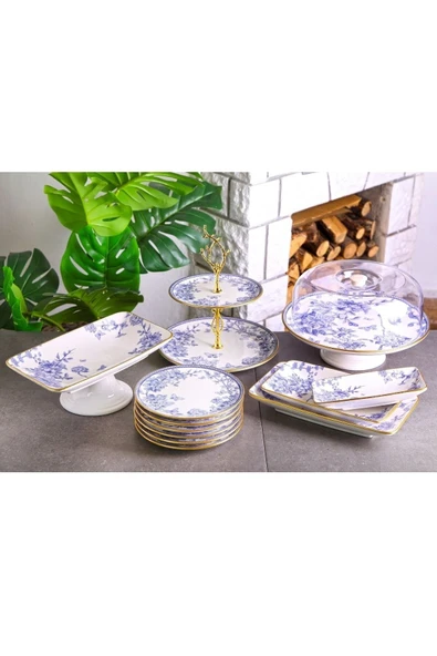 Pinkev 13 Parça Mavi Gold Fanuslu Pasta Sunum Servis Tabağı Seti ürün görseli