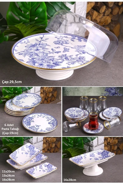 Pinkev 24 Parça Seramik Fanuslu Pasta Çay Bardaklı Kahvaltı Sunum Tabağı Takımı Seti - Mavi Gold ürün görseli