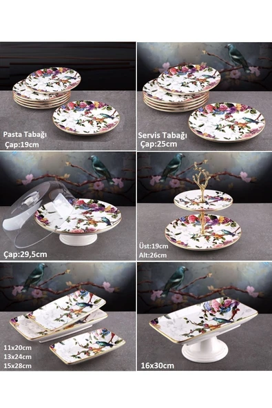 Pinkev 19 Parça Seramik Pasta Servis Sunum Tabağı Takımı Seti - Kuşlu ürün görseli