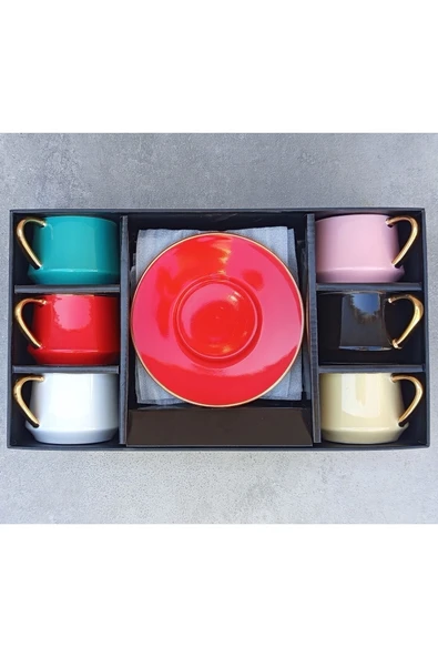 Pinkev 6 Kişilik Parlak 6 Renkli 110ml Büyük Boy Porselen Kahve Fincanı Takımı - Resim 5