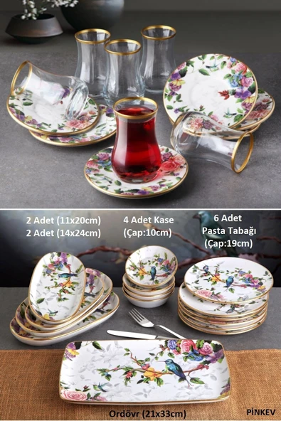 Pinkev Flora 27 Parça 6 Kişilik Seramik Kahvaltı Pasta Tabağı Sunum Takımı Seti - Kup115f - Resim 2