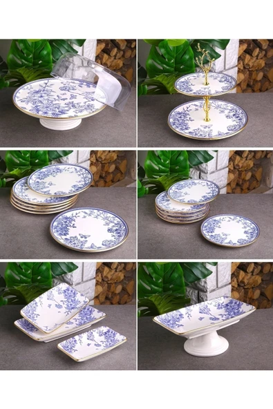 Pinkev 19 Parça Seramik Pasta Sunum Seti - Mavi Gold ürün görseli